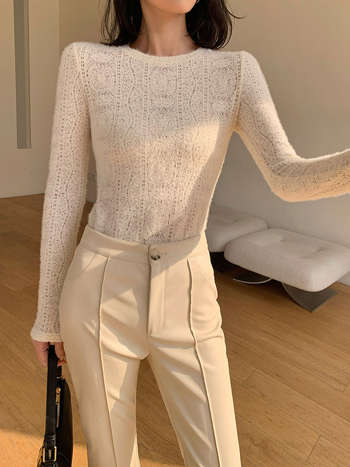 Floral Hollow Knit Crew Neck Long Sleeve Top  Liora Lane Boutique T-Shirts