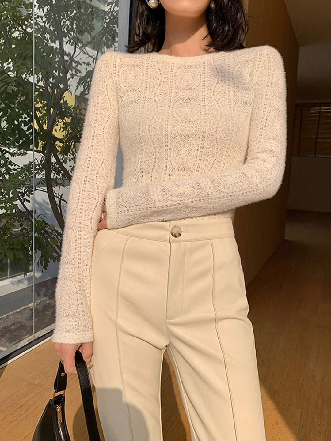 Floral Hollow Knit Crew Neck Long Sleeve Top  Liora Lane Boutique T-Shirts