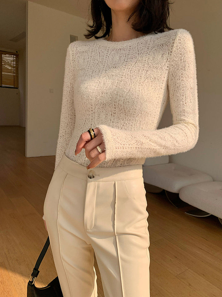 Floral Hollow Knit Crew Neck Long Sleeve Top  Liora Lane Boutique T-Shirts