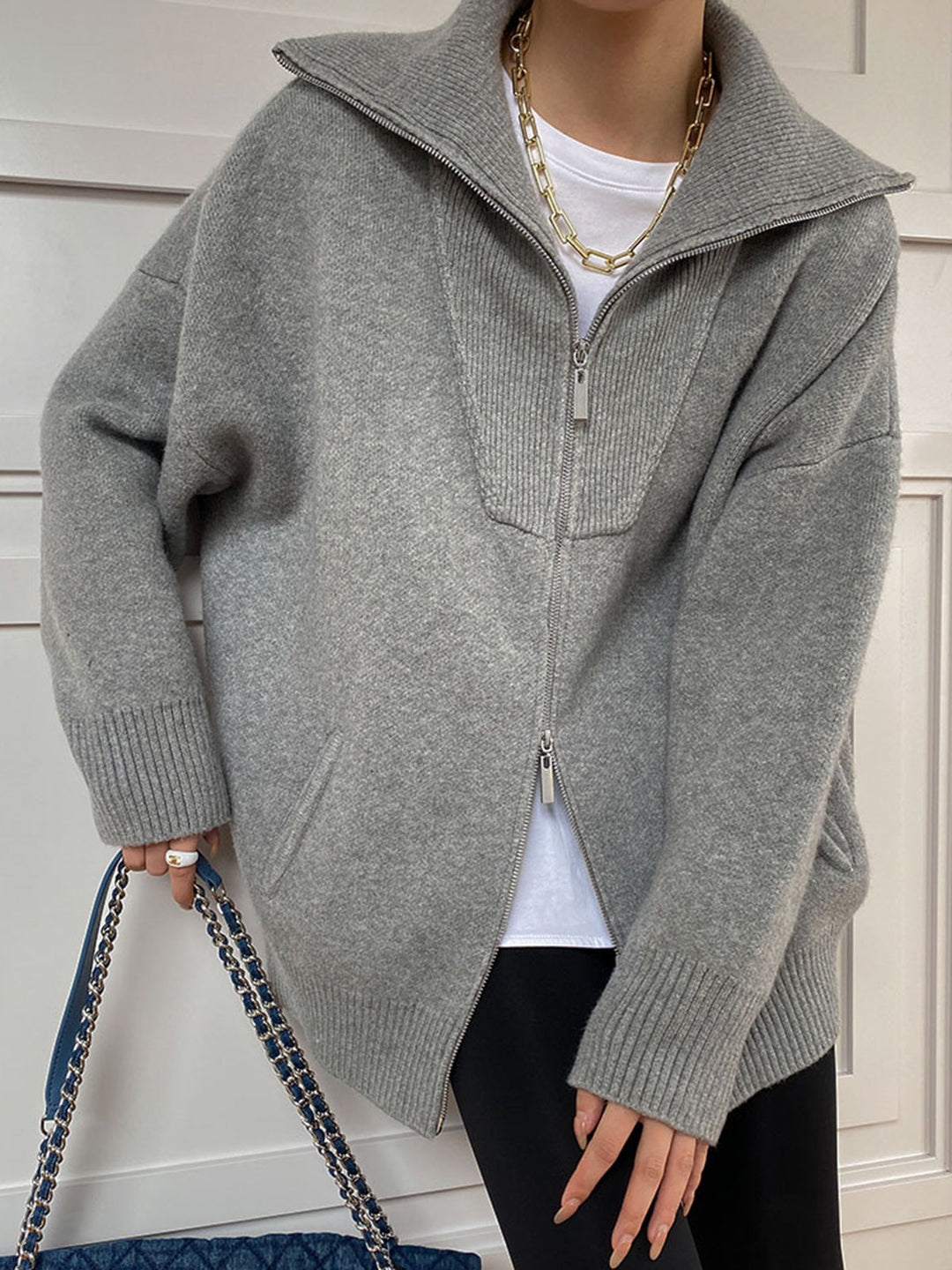 Oversized Open Collar Cardigan  Liora Lane Boutique Cardigans Grey / XL 72.00