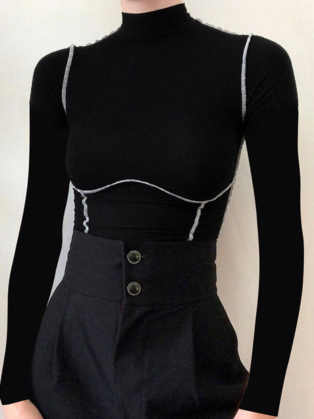 Contrast Trim Mock Neck Long Sleeve Top  Liora Lane Boutique T-Shirts Black / XL 22.00
