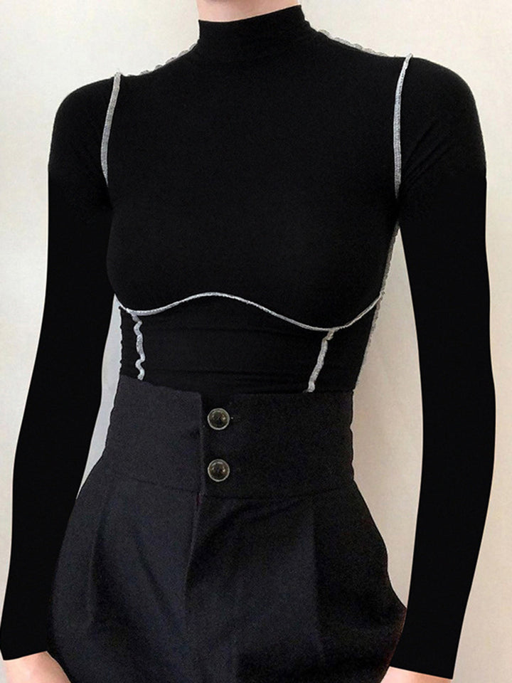 Contrast Trim Mock Neck Long Sleeve Top  Liora Lane Boutique T-Shirts Black / XL 22.00