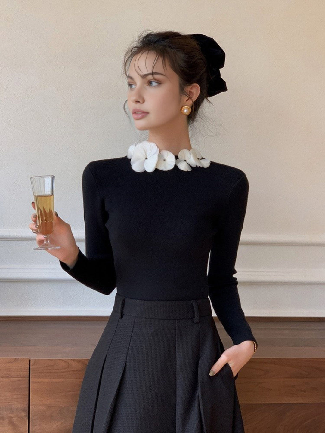 Solid Long Sleeve Floral Knit Top  Liora Lane Boutique Knit Tops Black / XL 44.00