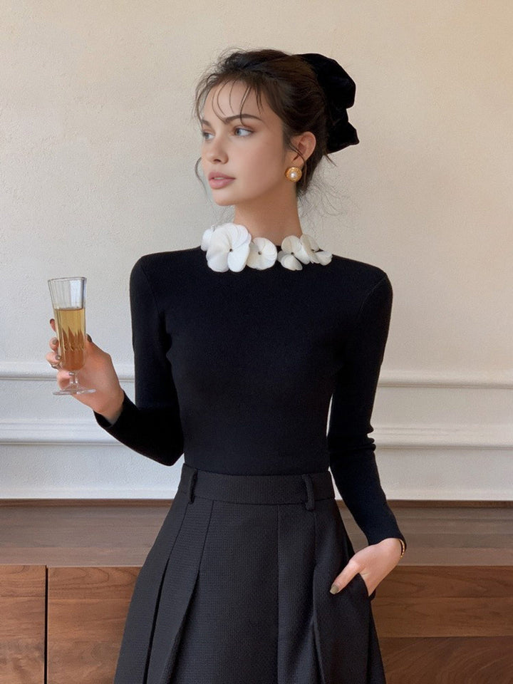 Solid Long Sleeve Floral Knit Top  Liora Lane Boutique Knit Tops Black / XL 44.00