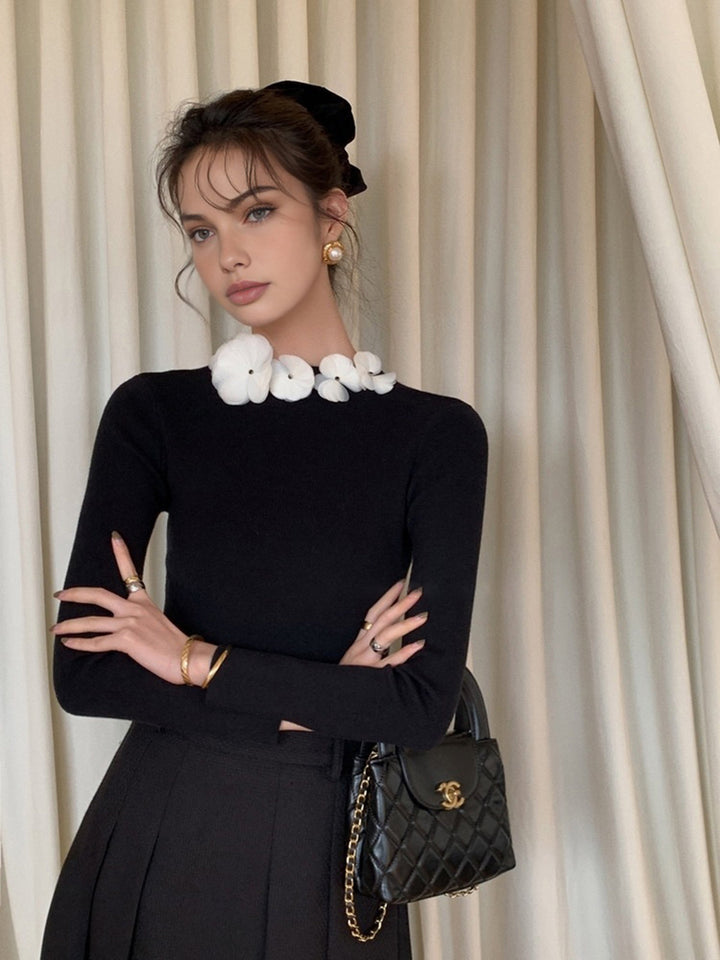 Solid Long Sleeve Floral Knit Top  Liora Lane Boutique Knit Tops