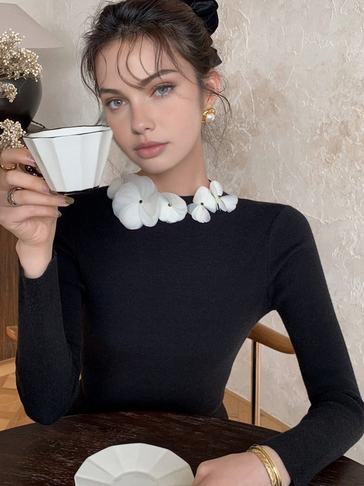 Solid Long Sleeve Floral Knit Top  Liora Lane Boutique Knit Tops