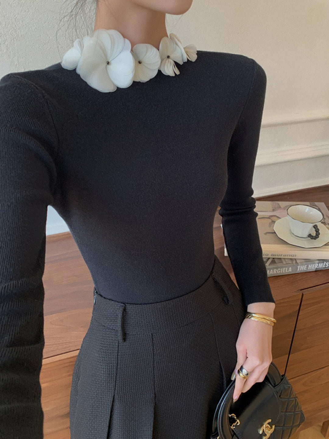 Solid Long Sleeve Floral Knit Top  Liora Lane Boutique Knit Tops