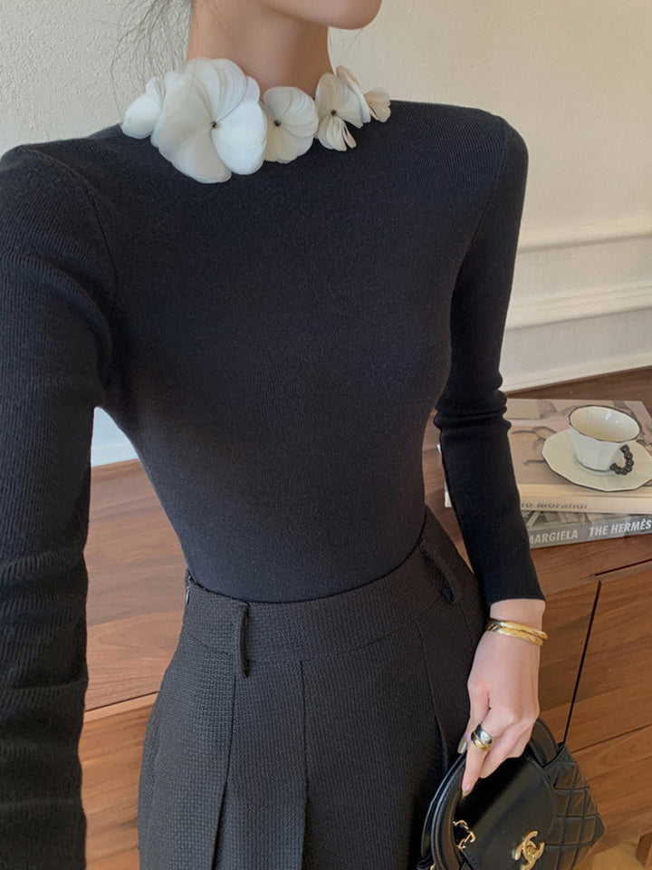 Solid Long Sleeve Floral Knit Top  Liora Lane Boutique Knit Tops