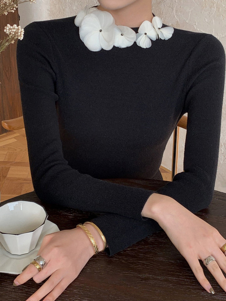 Solid Long Sleeve Floral Knit Top  Liora Lane Boutique Knit Tops