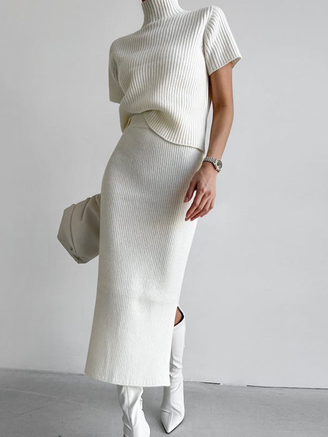 Solid High Neck Split Ribbed Knit Two Pieces Skirt Set  Liora Lane Boutique Sweater Co-ords