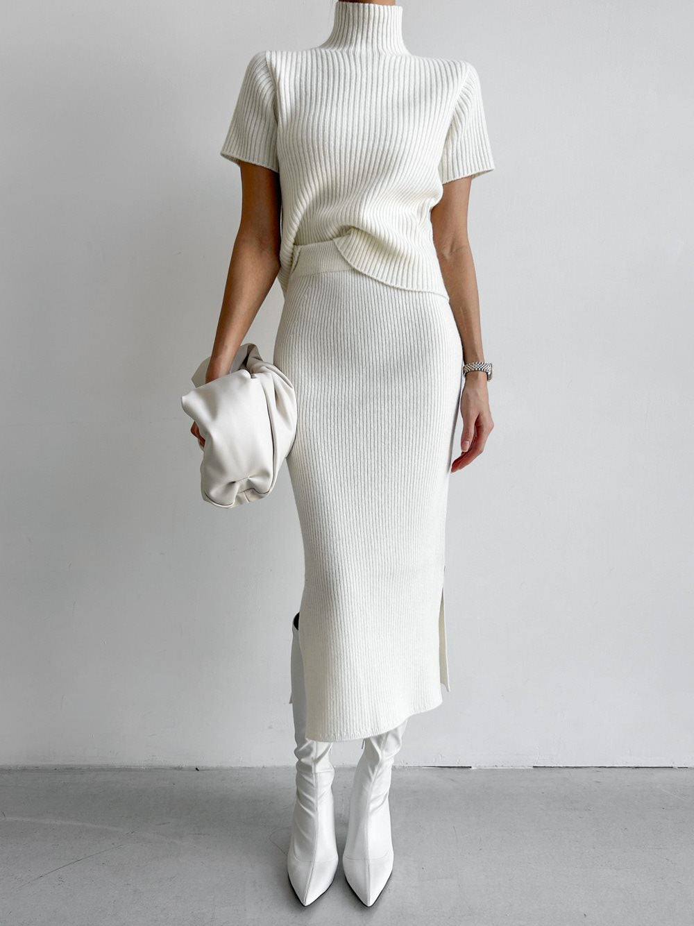 Solid High Neck Split Ribbed Knit Two Pieces Skirt Set  Liora Lane Boutique Sweater Co-ords White / XL 74.00