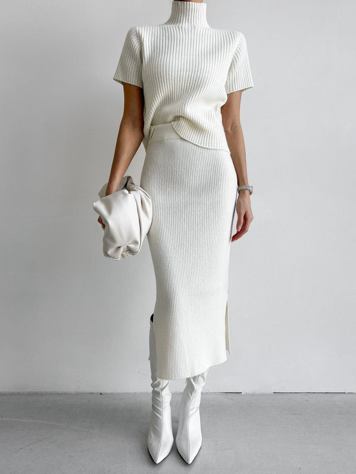 Solid High Neck Split Ribbed Knit Two Pieces Skirt Set  Liora Lane Boutique Sweater Co-ords White / XL 74.00
