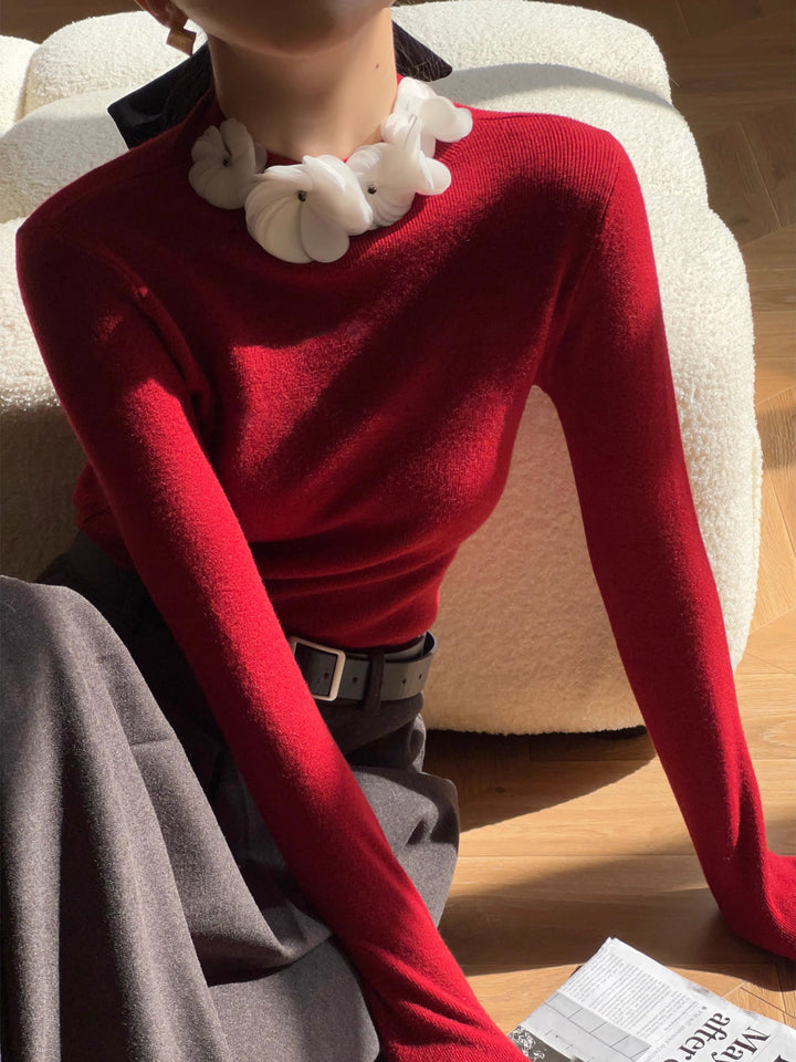 Solid Long Sleeve Floral Knit Top  Liora Lane Boutique Knit Tops Red / XL 44.00