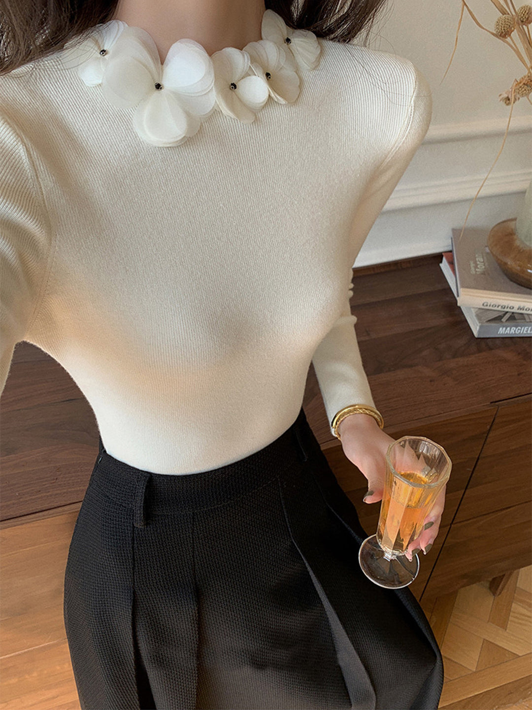 Solid Long Sleeve Floral Knit Top  Liora Lane Boutique Knit Tops