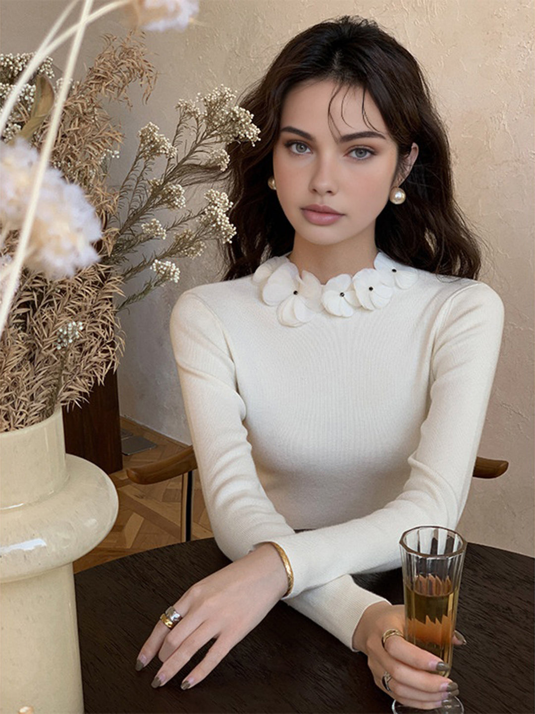 Solid Long Sleeve Floral Knit Top  Liora Lane Boutique Knit Tops White / XL 44.00