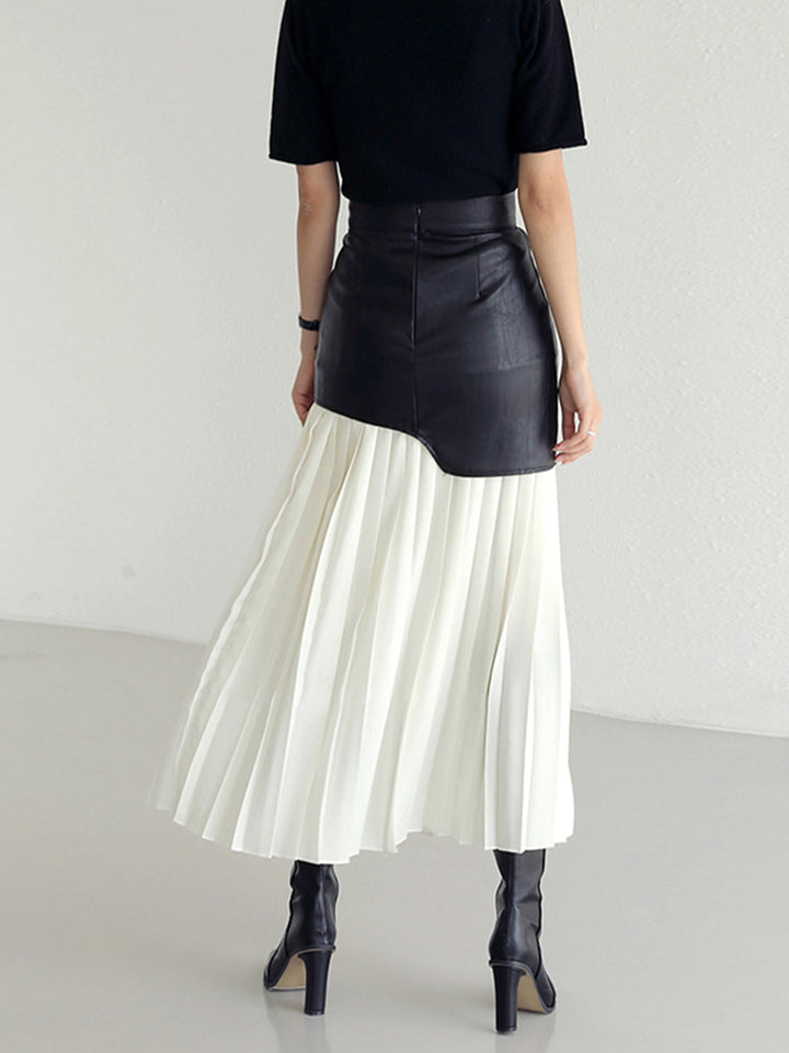 Asymmetric Patchwork Faux Leather Chiffon Pleated Maxi Skirt  Liora Lane Boutique Skirts