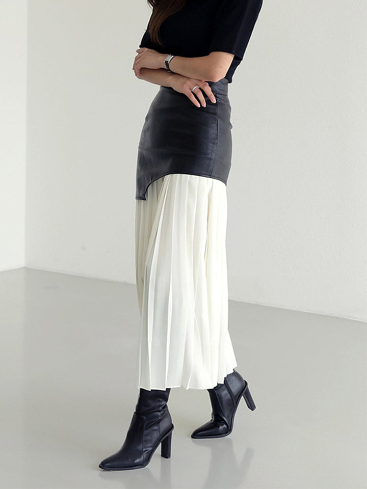Asymmetric Patchwork Faux Leather Chiffon Pleated Maxi Skirt  Liora Lane Boutique Skirts