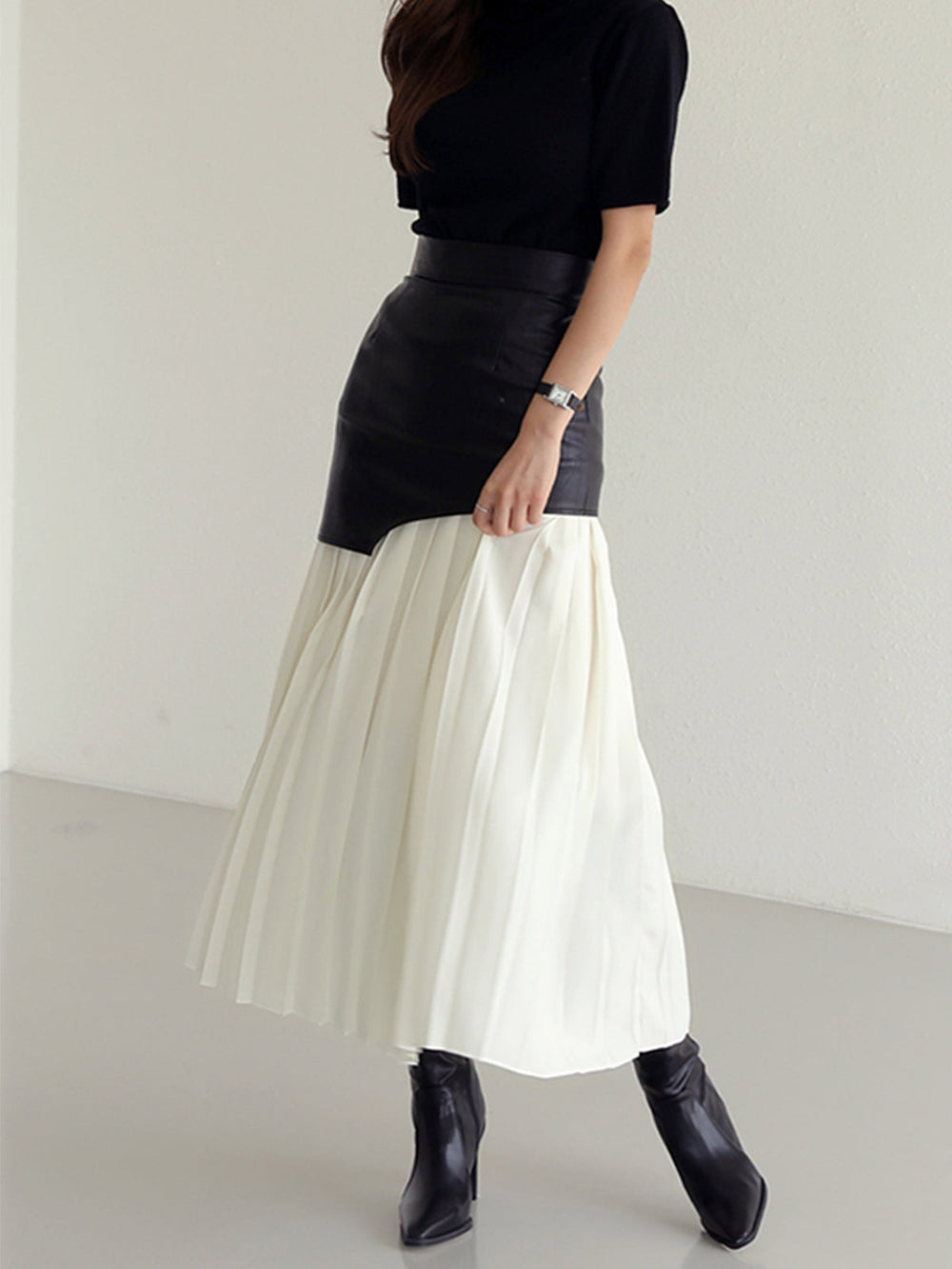 Asymmetric Patchwork Faux Leather Chiffon Pleated Maxi Skirt  Liora Lane Boutique Skirts