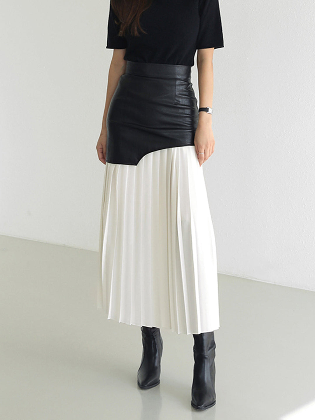 Asymmetric Patchwork Faux Leather Chiffon Pleated Maxi Skirt  Liora Lane Boutique Skirts White / L 44.00