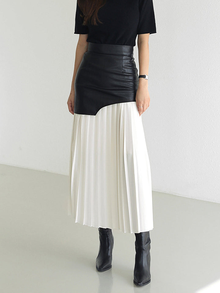 Asymmetric Patchwork Faux Leather Chiffon Pleated Maxi Skirt  Liora Lane Boutique Skirts White / L 44.00
