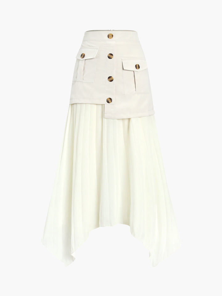 Patchwork Asymmetrical Pleated Buttoned Midi Skirt  Liora Lane Boutique Skirts