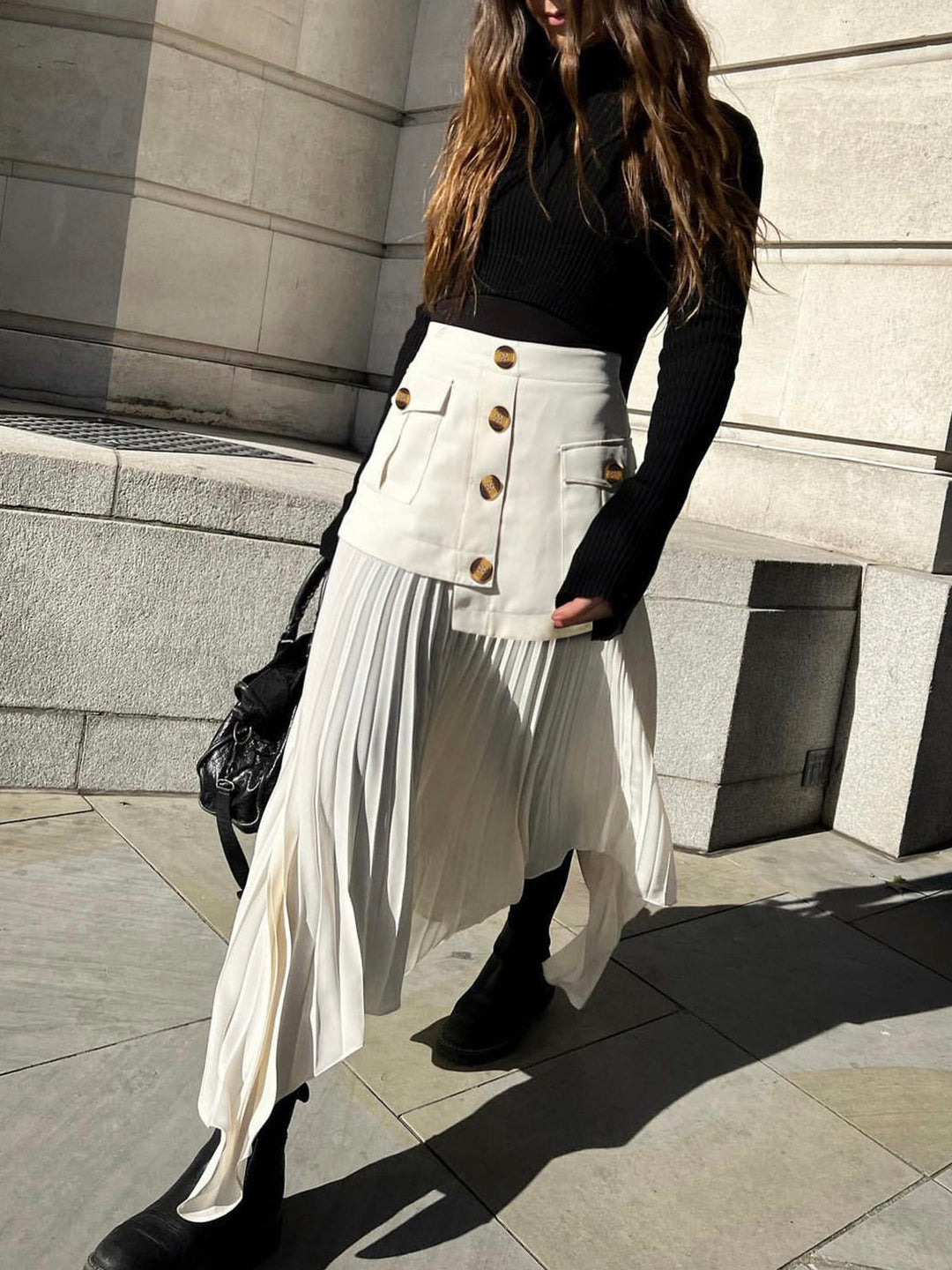 Patchwork Asymmetrical Pleated Buttoned Midi Skirt  Liora Lane Boutique Skirts Off-White / XL 45.00