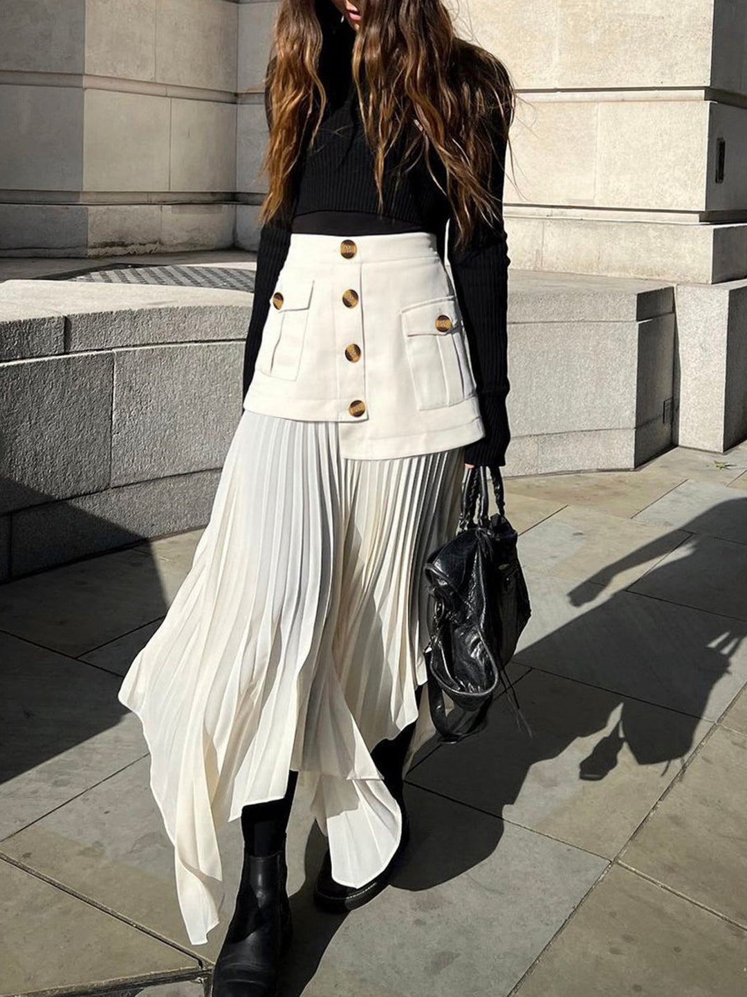 Patchwork Asymmetrical Pleated Buttoned Midi Skirt  Liora Lane Boutique Skirts