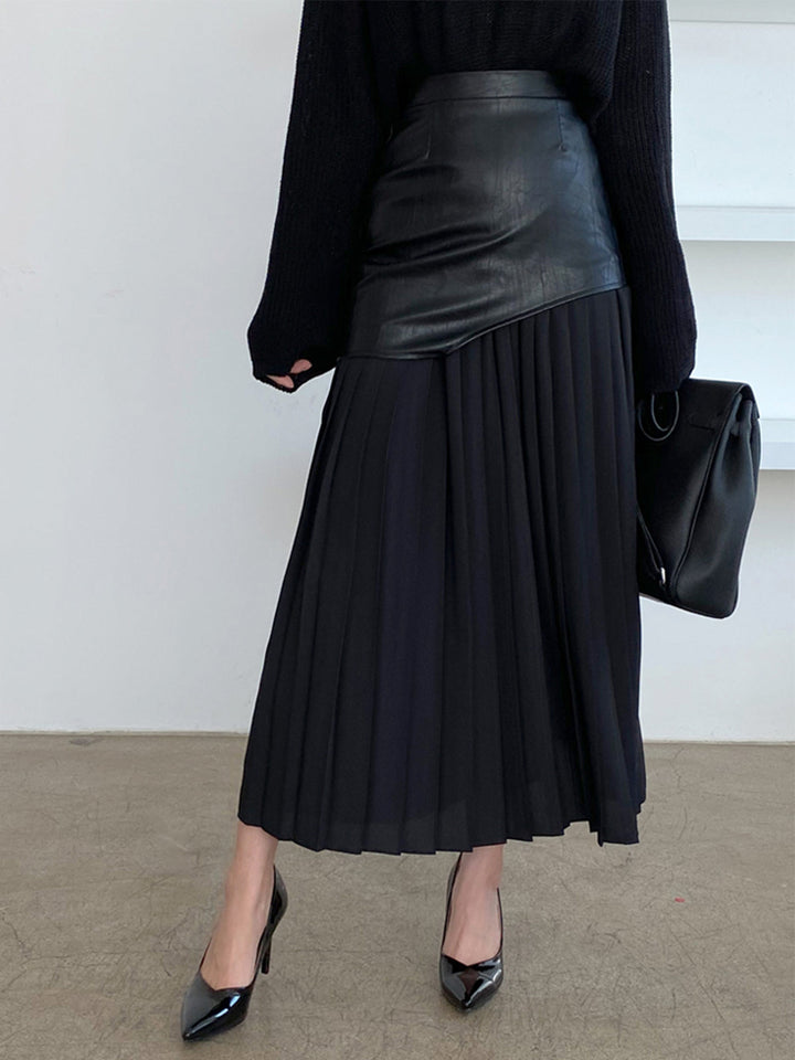 Asymmetric Patchwork Faux Leather Chiffon Pleated Maxi Skirt  Liora Lane Boutique Skirts