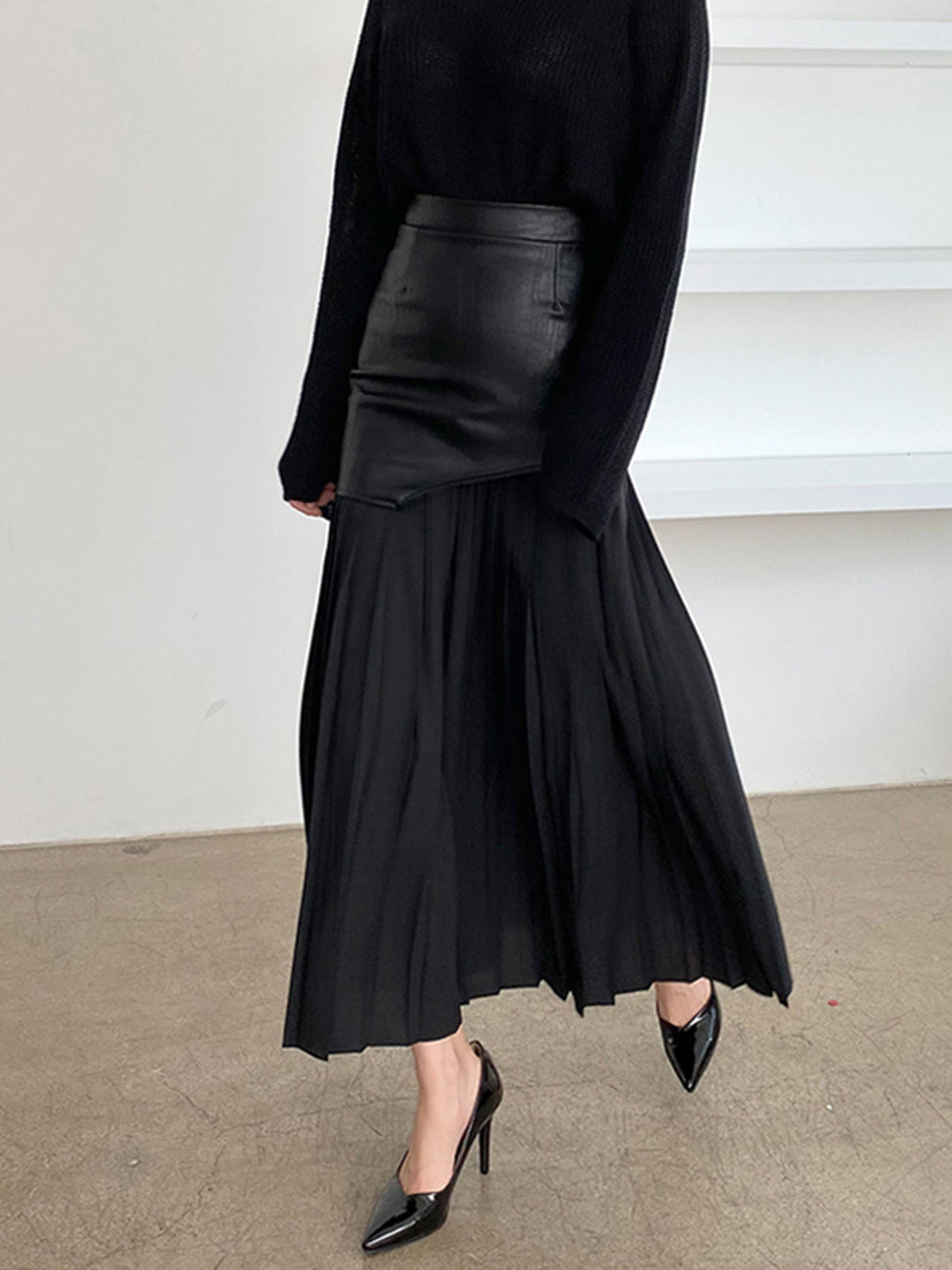 Asymmetric Patchwork Faux Leather Chiffon Pleated Maxi Skirt  Liora Lane Boutique Skirts Black / L 44.00
