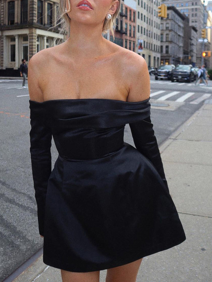Off Shoulder Long Sleeve Overfold Mini Dress  Liora Lane Boutique Dresses Black / XL 39.00