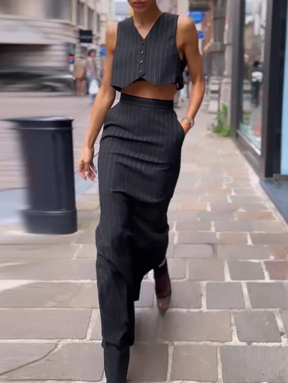 Pinstripe Button Crop Two Pieces Skirt Set  Liora Lane Boutique Skirt Sets