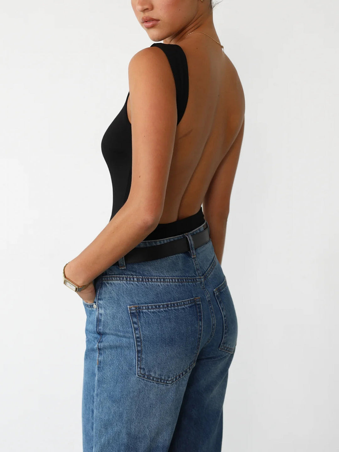 Slinky Open Back Sleeveless Bodysuit  Liora Lane Boutique Bodysuits Black / XL 22.00