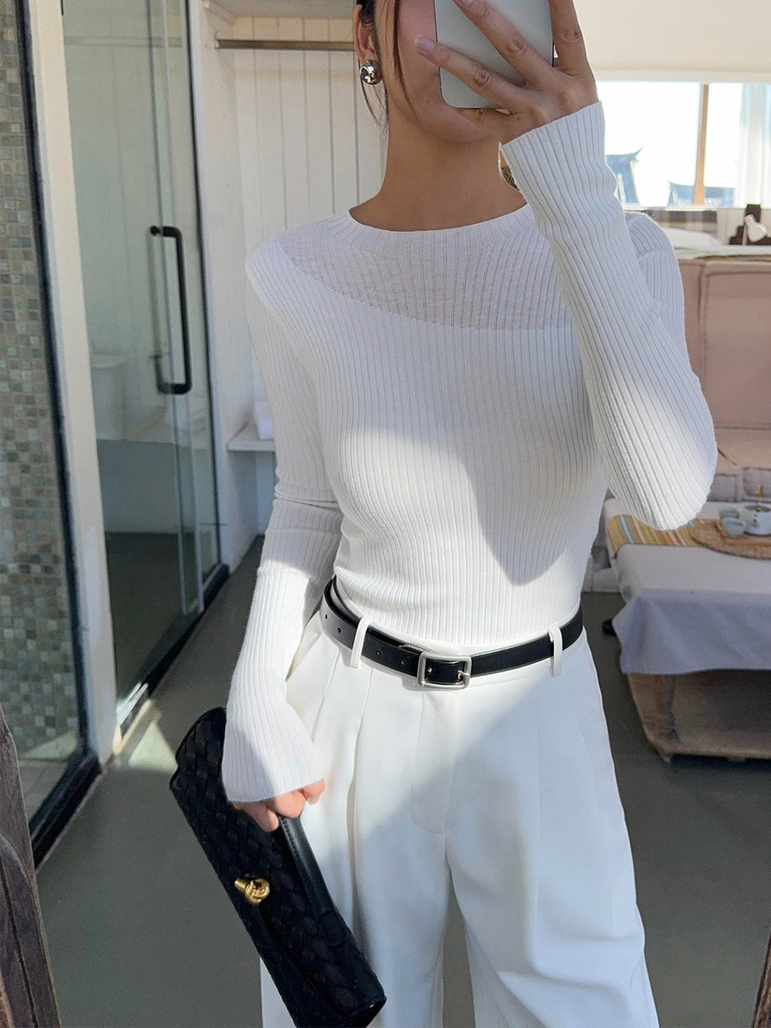 Knit Ribbed Crew Neck Asymmetric Top  Liora Lane Boutique Knit Tops