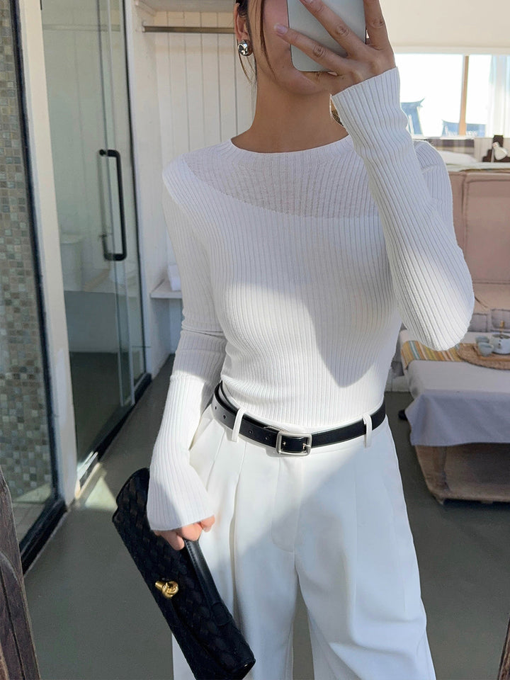 Knit Ribbed Crew Neck Asymmetric Top  Liora Lane Boutique Knit Tops