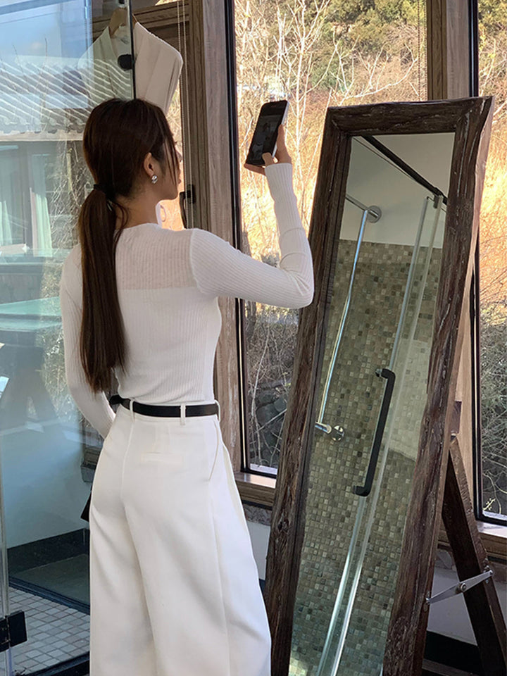 Knit Ribbed Crew Neck Asymmetric Top  Liora Lane Boutique Knit Tops