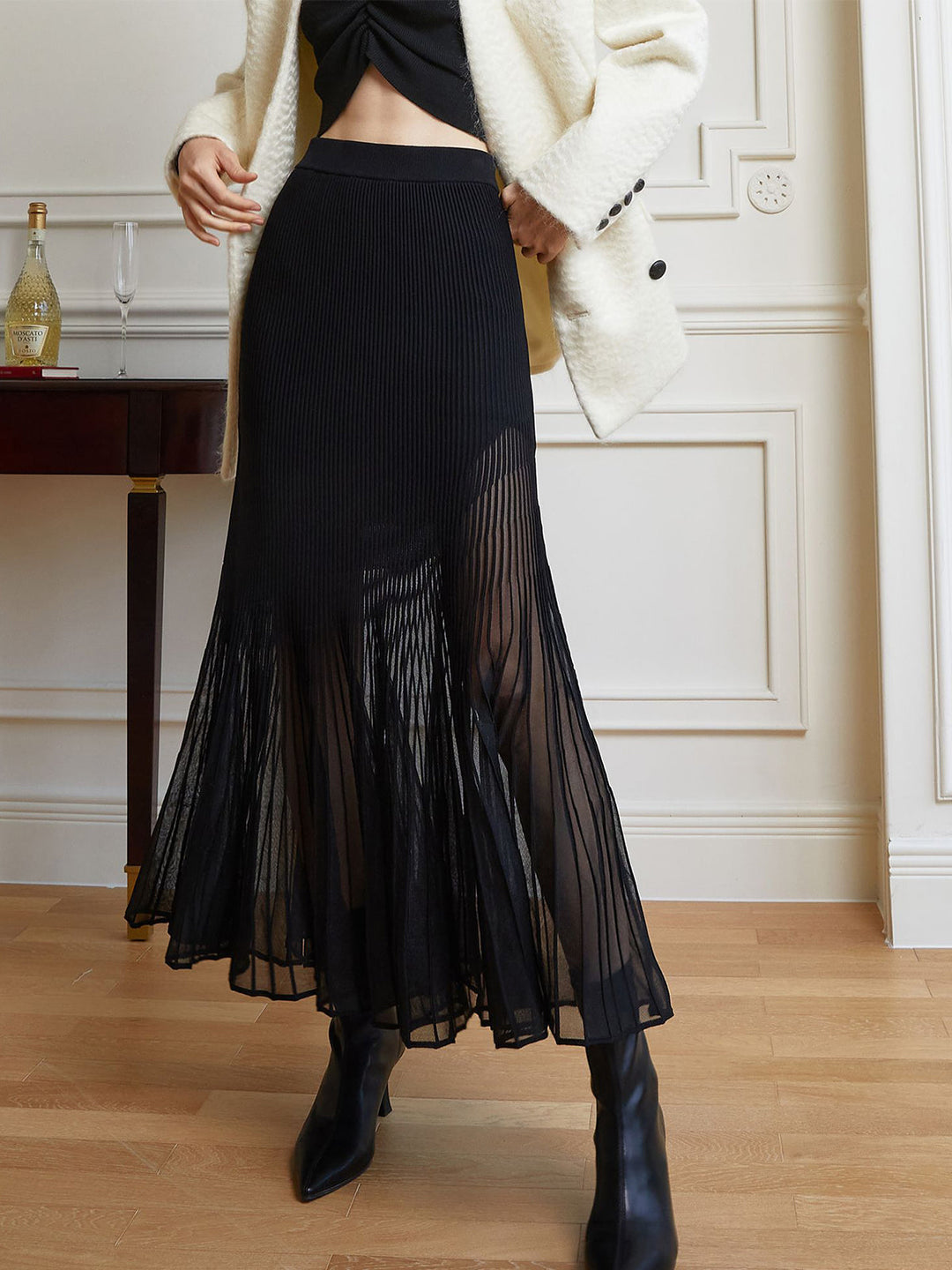 Knit Pleated Semi-sheer Maxi Skirt  Liora Lane Boutique Sweater Skirts Black / XL 75.00