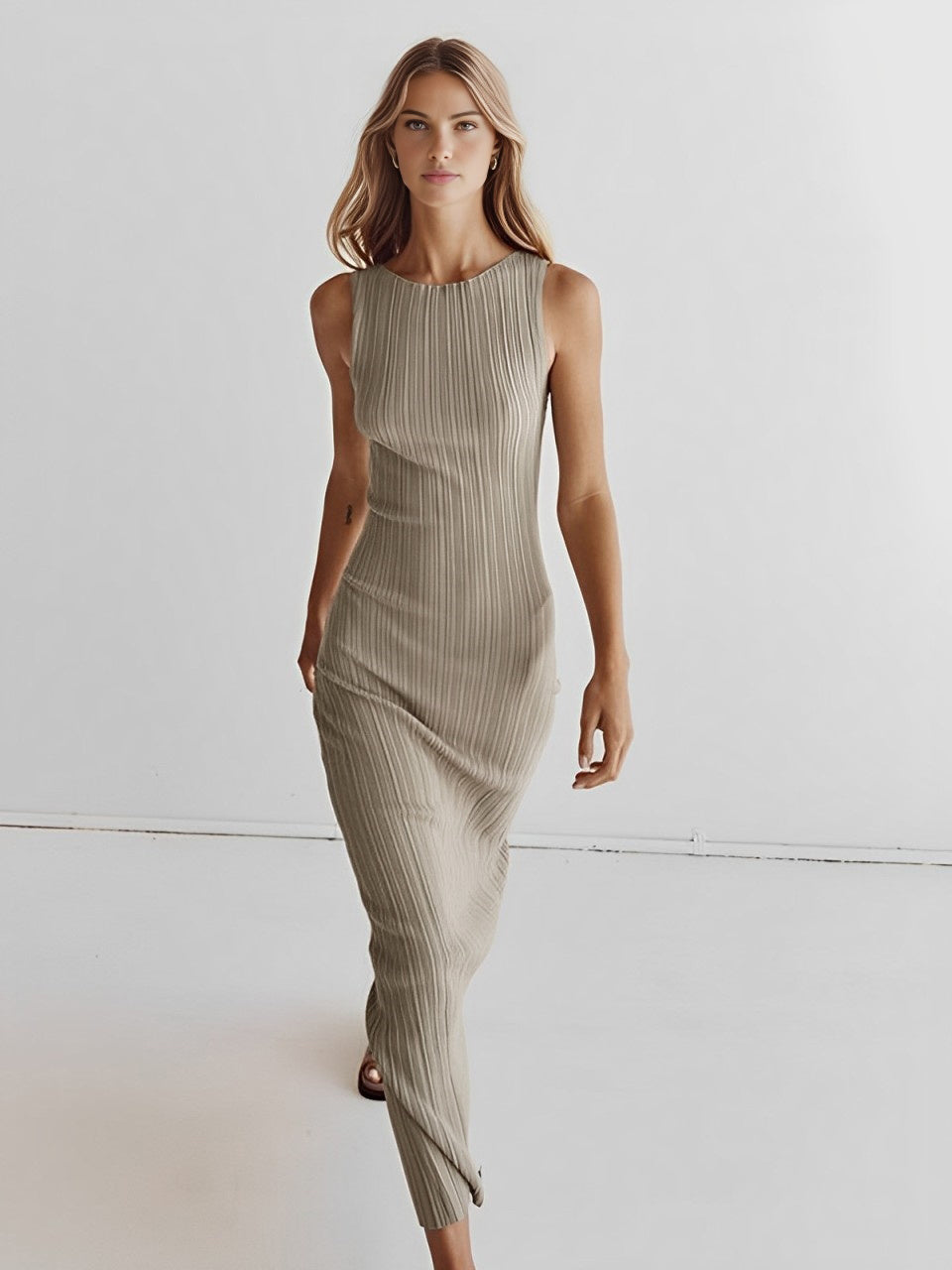 Ribbed Sleeveless Knit Long Dress  Liora Lane Boutique Sweater Dresses Khaki / XL 122.99