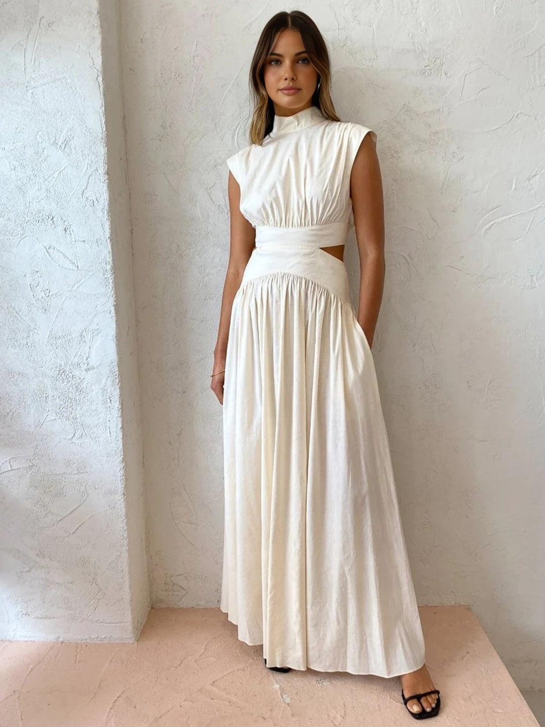 Mock Neck Cut Out Long Dress  Liora Lane Boutique Dresses White / XL 84.99