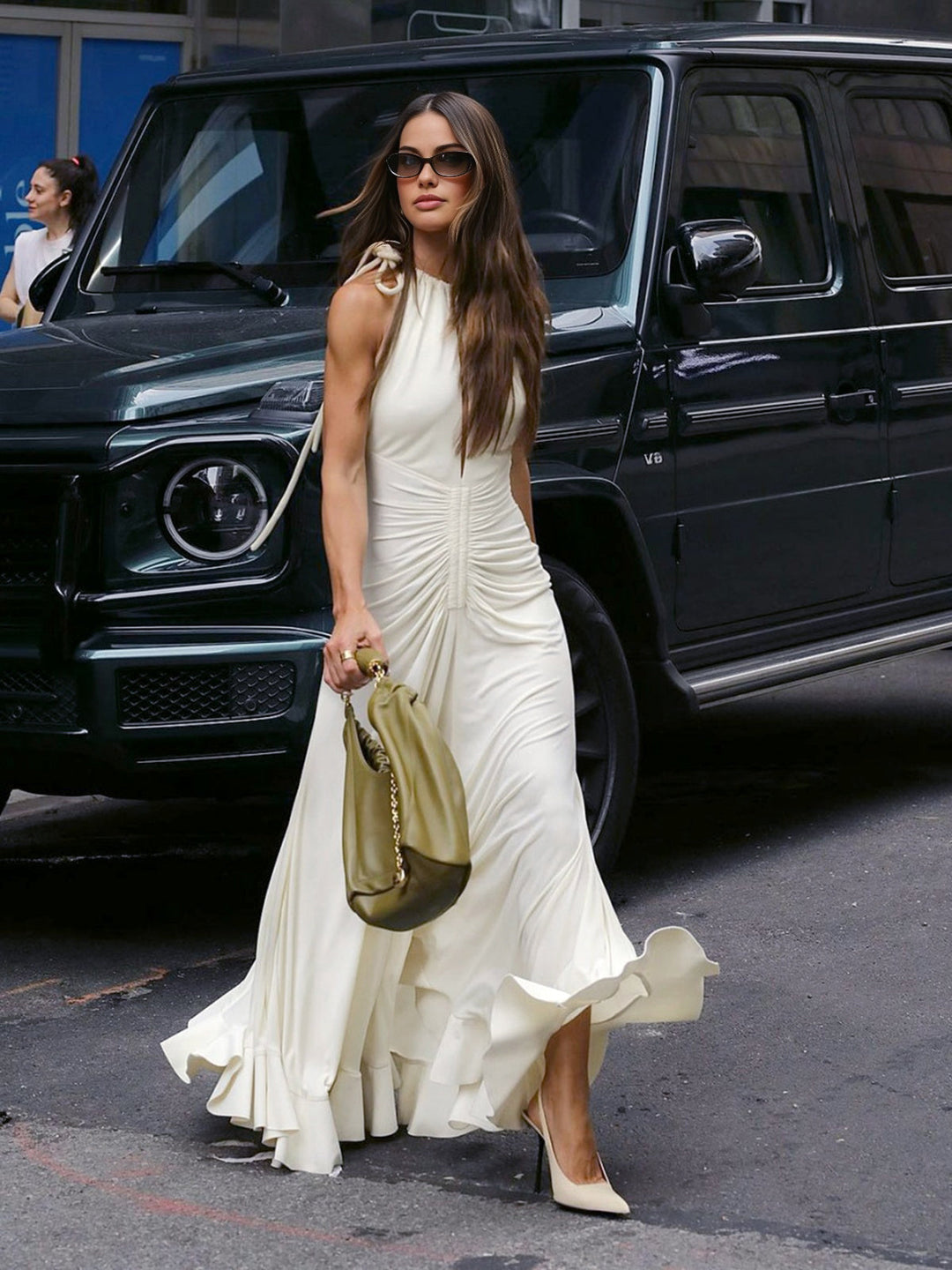 Lace Up Pleated Halter Long Dress  Liora Lane Boutique Knit Dresses
