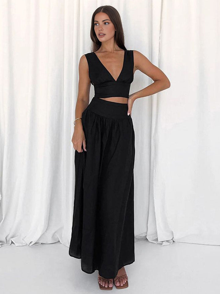 Solid Tie Knot V Neck Skirt Set  Liora Lane Boutique Skirt Sets Black / XL 84.99