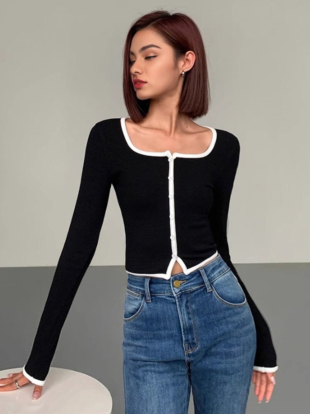 Square Neck Contrast Trim Long Sleeve Knit Shirt  Liora Lane Boutique T-Shirts Black / XL 25.00