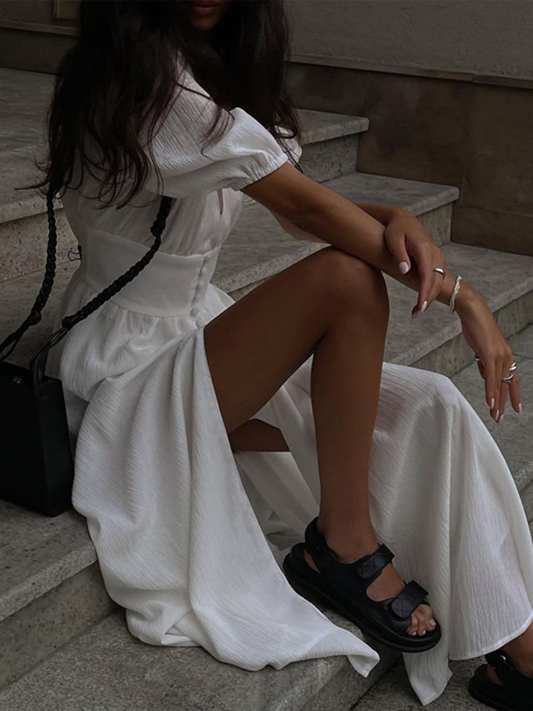 Frenchy  Button Split Long Dress  Liora Lane Boutique Dresses