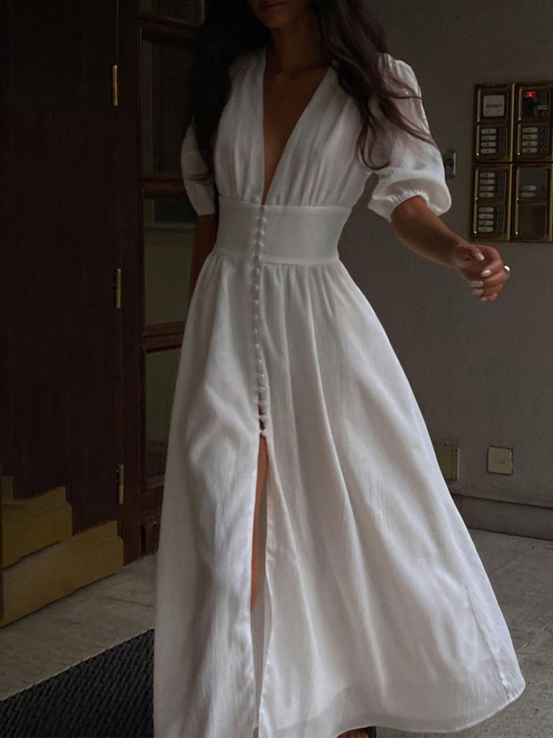 Frenchy  Button Split Long Dress  Liora Lane Boutique Dresses White / XL 72.00