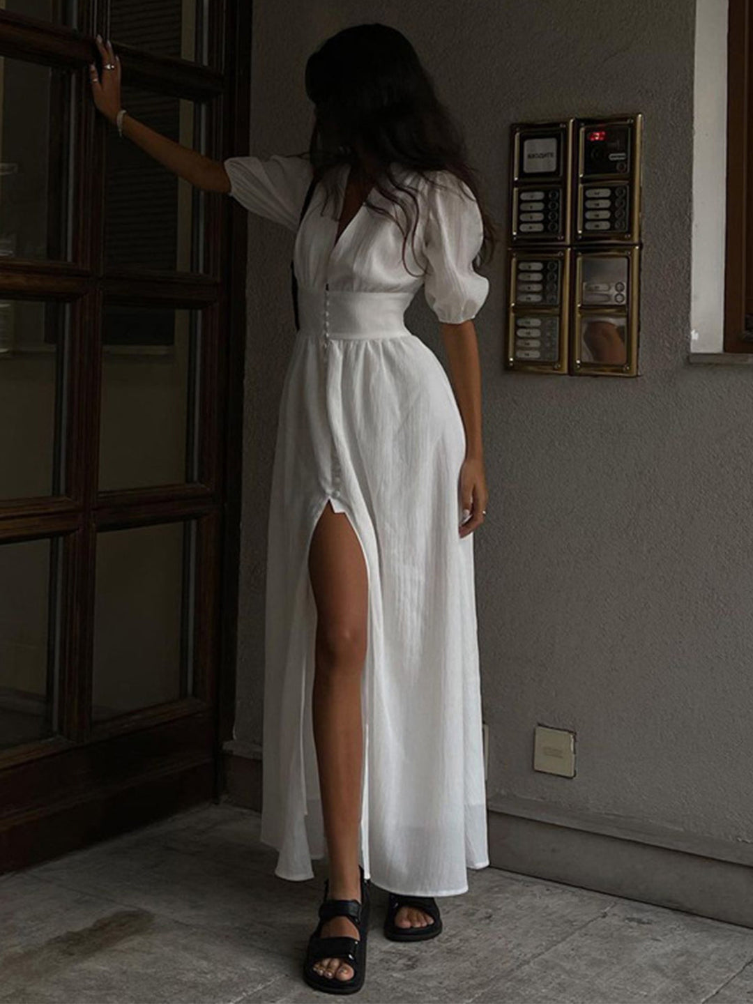 Frenchy  Button Split Long Dress  Liora Lane Boutique Dresses