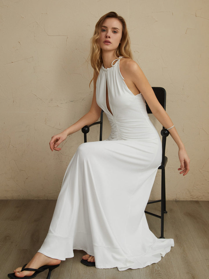 Lace Up Pleated Halter Long Dress  Liora Lane Boutique Knit Dresses