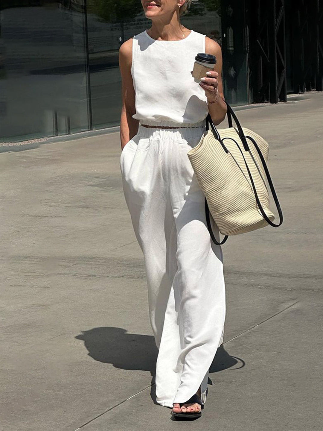 Minimalism Solid Split Pants Set  Liora Lane Boutique Pant Sets Off-White / XL 127.99