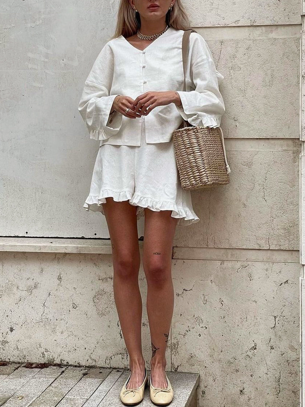 Pure Cotton Ruffle Decor Shorts Set  Liora Lane Boutique Short Sets