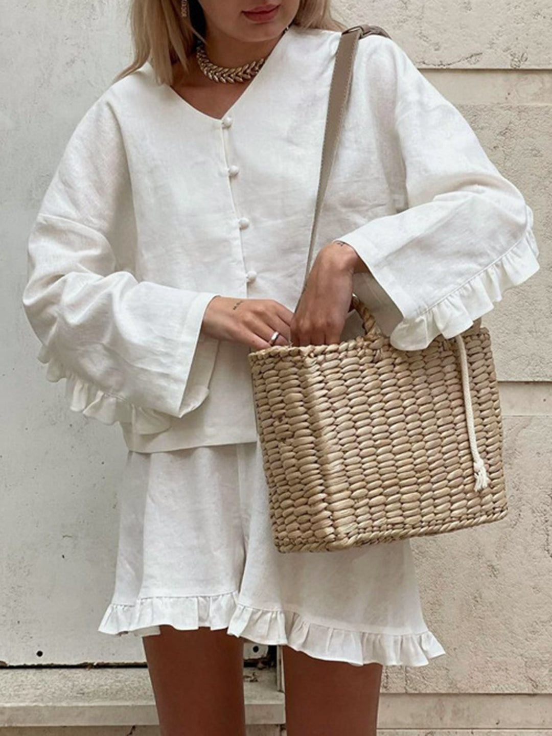 Pure Cotton Ruffle Decor Shorts Set  Liora Lane Boutique Short Sets Off-White / XL 52.00