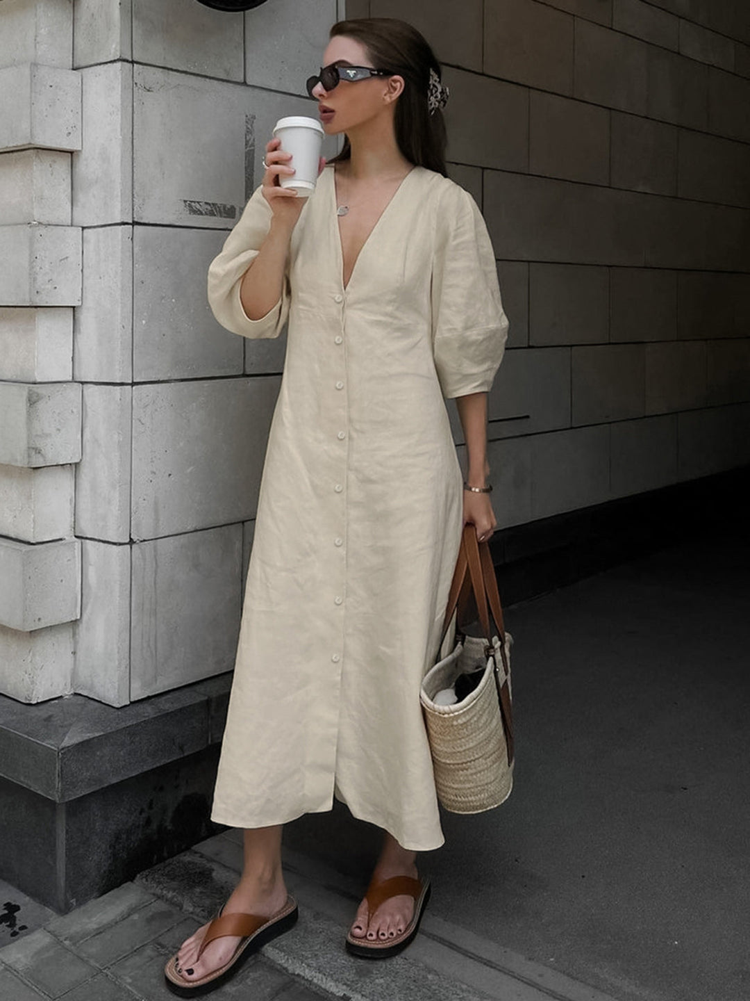 Cotton & Linen Button-Front Knotted Long Dress  Liora Lane Boutique Dresses Beige / XL 84.99