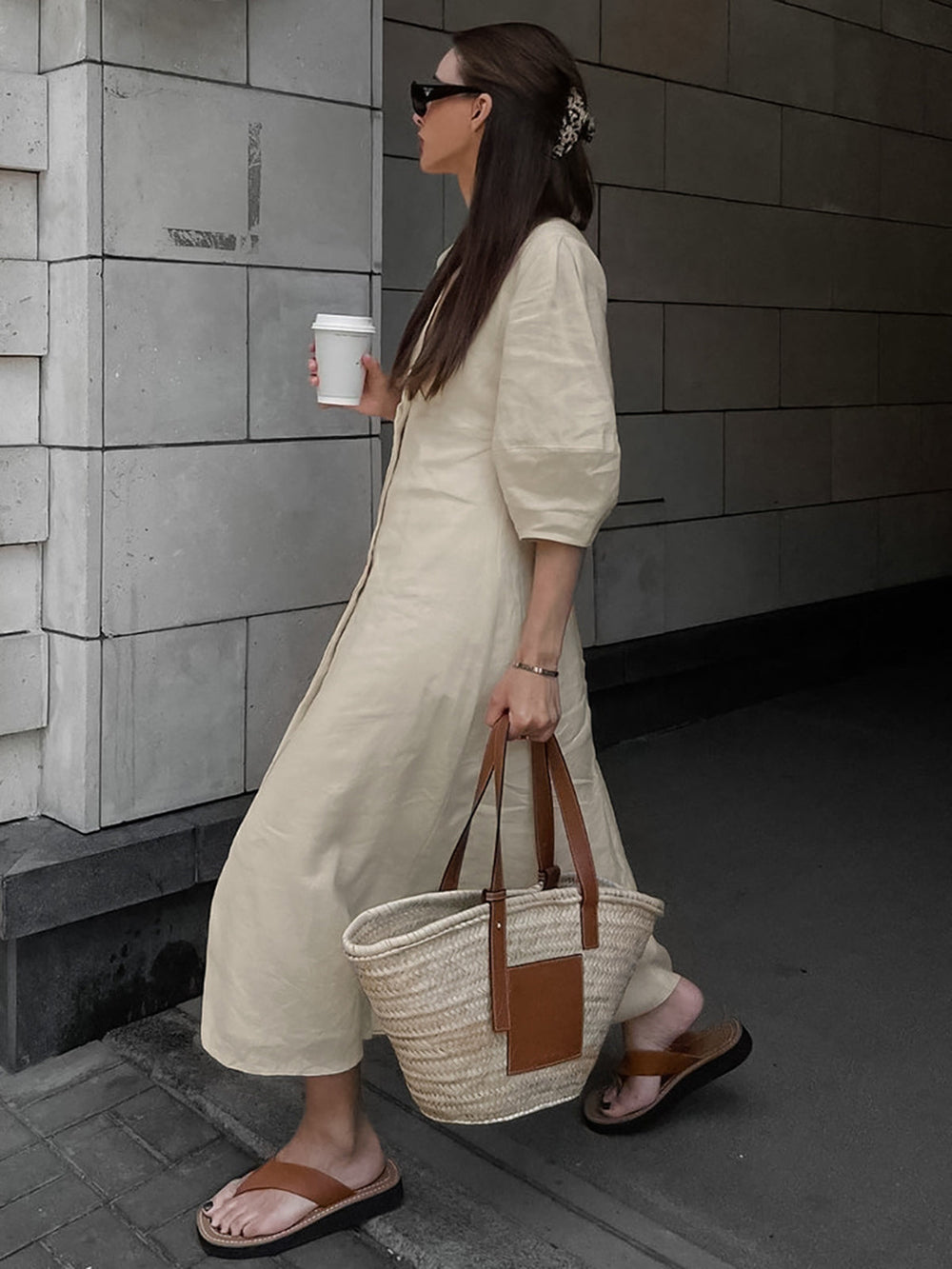 Cotton & Linen Button-Front Knotted Long Dress  Liora Lane Boutique Dresses